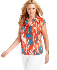 Punch up your casual look this season with MICHAEL Michael Kors' cap sleeve plus size top, finished by a cowl neckline and bold print. (Clearance)