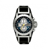 Fossil Men's JR1156 Black Leather Strap Blue Analog Dial Chronograph Watch