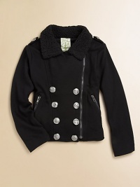 Keep your little girl snug as a bug in this ultra-cool, ultra-cozy topper with an oversized faux fur collar and zip pockets in a double-breasted silhouette.Oversized faux fur collarShoulder epaulettesLong sleevesZip-frontZip slash pocketsBack yokePolyester/Rayon/SpandexDry cleanImported