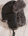 Leather Aviator Hat with Rabbit Fur Trim, BLACK/GREY, Size SMALL (6 3/4 - 7)