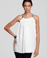 Elegant draping and crystal-embellished straps on this Madison Marcus tank create a look fit for a glamor goddess.