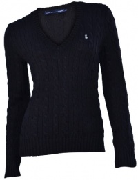 Polo Ralph Lauren Women's Cable Knit V-neck Black Sweater (Large)