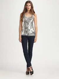 Glittering sequins swirl over the mesh front of this scoopneck tank for a look that's simply-dazzling.ScoopneckWide strapsSequined mesh frontAbout 27 from shoulder to hemFront: 50% viscose/45% rayon/5% lycraBack: rayonHand washImportedModel shown is 5'9 (175cm) wearing US size Small.