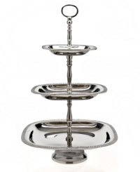 Three tiers for Godinger. Elevate tiny sandwiches, fruit and scones with opulent silver-plated serveware. Square plates with beaded edges define a stand that radiates grace and sophistication.