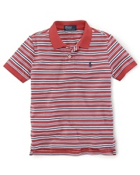 A short-sleeved polo is rendered in soft, breathable striped jersey-knit cotton.