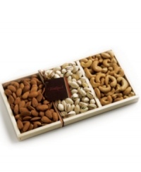 Surprise someone special with this Deluxe nut trio gift basket exclusively from Torn Ranch. This collection features jumbo cashews, smoky almonds, and California colossal pistachios, all presented in a natural wooden serving tray.