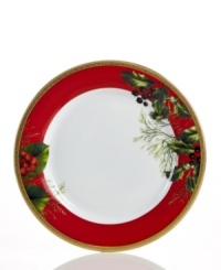 An instant classic, the Red Rim accent plate combines bands of holiday red and filigree-patterned gold with fresh holiday greens. Layer with Charter Club's Grand Buffet Classic Gold and Holly Berry dinnerware.