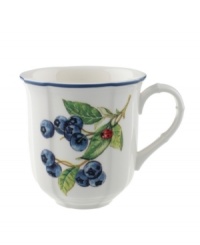 The Cottage Inn mug is a colorful addition to the sophisticated table. Lush, dancing clusters of ripened blueberries, raspberries and cherries are a stunning contrast on creamy white porcelain and lend every meal a touch of traditional elegance.