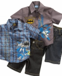 Always on call. He'll be ready to help whenever he's needed in one of these Warner Brothers superhero shirt and short sets from Clubhouse.