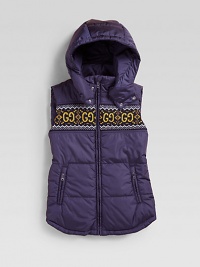 A quilted vest in waterproof nylon and wool trim with hood, zip pockets and GG Nordic jacquard pattern at the chest.Attached hood with double snap closureSleevelessFull-zip frontTwo zip pocketsFully linedBody: nylonTrim: woolDry cleanMade in Italy