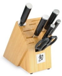 The sharpest knives on the block! Crafted from stainless steel with an impenetrable steel core, these traditional Japanese blades feature precision angling on each side, full tangs for incredible strength and balance and D-shaped ebony handles that feel just right in your hand. Organizing in a striking bamboo block, this set reimagines the way your kitchen works. Lifetime warranty.