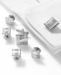 Change your normal tailored pattern with these plaid cufflinks from Geoffrey Beene.