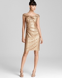 A knotted waist lends a modern touch to David Meister's shimmering sequin dress.