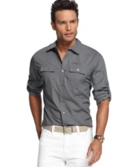 Double down. Two chest pockets add some workshirt style to this button front from Marc Ecko Cut & Sew.