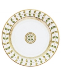 For any elegant holiday affair the Bernardaud Constance Dinnerware Collection makes for timeless presentation of your seasonal fare. Ornate design inspired by the Empire Period with gold outlined acorn and oak leaves that symbolize strength and longevity. A dash a sage rims each piece behind a golden laurel vine while touches of red with gold trim further complement the pattern.