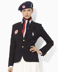 Crafted in a versatile blazer silhouette from luxurious lightweight wool, this heritage style boasts crested metal buttons and a bold athletic-inspired patch, celebrating Team USA's participation in the 2012 Olympic Games.