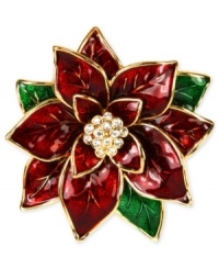 Step into the season with memorable color. This elegant pin is styled in a poinsettia design with red and green color and plastic accents. Crafted in gold tone mixed metal. Approximate length: 2 inches. Includes gift box.