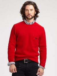 A Shetland wool crewneck sweater, a cold-weather staple for the dapper dressers of the English countryside for decades, gets an update with luxe suede elbow patches and a leather-button chest pocket.CrewneckRibbed knit collar, cuffs and hem90% merino wool/10% angora rabbit hairHand washImported