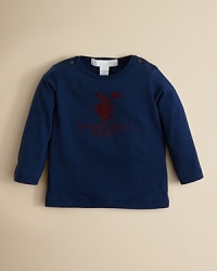 Burberry updates a cozy cotton tee with button details at the shoulders and a textured Burberry Baby logo at the chest.