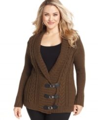 Fasten a cozy look with Debbie Morgan's cable-knit plus size cardigan, featuring buckle closures.