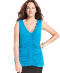 A ruched front lends a slimming shape to Alfani's sleeveless plus size top-- wear it alone or as a layer.