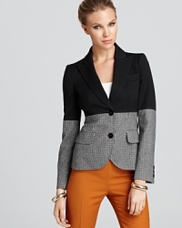 Gingham check makes a chic contrast on this color-blocked Moschino Cheap and Chic jacket.