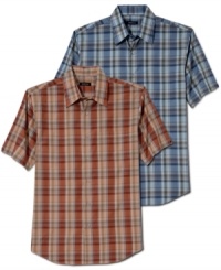 Make an easy transition from work to play in this no-iron plaid shirt from Van Heusen.