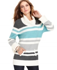 Show your stripes with this cozy cowl-neck sweater from Style&co. A kangaroo pocket adds warmth and flair to your look.