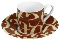 Konitz 3-Ounce Script Collage Espresso Cups and Saucers, Beige/Brown, Set of 4