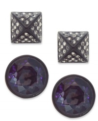 Mix and match with the alluring shimmering of this set of 2 stud earring set from Juicy Couture. The square and round silhouettes are embellished with glass stone accents. Crafted in silver tone mixed metal. Approximate diameter (round): 3/4 inch. Approximate diameter (square): 1/4 inch.