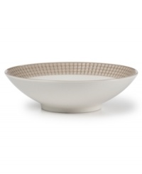 Shape up. A pattern of tiny squares gives the Mikasa Crisscross vegetable bowl a modern look and feel in resilient, everyday stoneware. Soothing tan and white tones mixing a matte and shiny finish add to its understated cool.