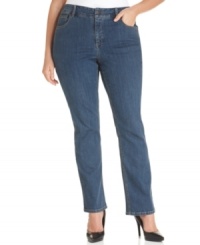 Snag polished casual style with Jones New York Signature's plus size straight leg jeans, finished by a medium wash.