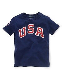 A sporty tee in soft breathable cotton is accented with heritage pride, celebrating Team USA's participation in the 2012 Olympics.Contrast ribbed crew neckline.