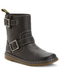 Huge buckles and stitching detail around the shaft of Dr. Martens' Gayle booties gives this stylish pair the extra edge you've been looking for.