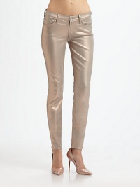 Coated with a metallic layer, these futuristic, mid-rise skinnies have a liquid-shine finish and retain an excellent stretch, making them the perfect nighttime style. THE FITMedium rise, about 8Inseam, about 30Leg opening, about 10THE DETAILSZip flyFive-pocket style78% cotton/20% polyester/2% spandexHand washMade in USAModel shown is 5'11 (178cm) wearing US size 4.