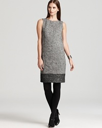 The classic Jones New York Collection tweed dress gets a new season spin with crisp color blocking and chic luster.