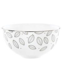 Gleaming leaves rain down on white bone china dessert bowls topped off with a platinum rim. From Lenox Lifestyle dinnerware, these dishes are playfully modern and naturally chic, and have an enchanting look that's fresh and perfect for every occasion.