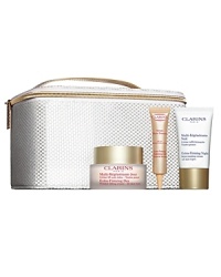 Clarins trio of firming treatments visibly lifts, tightens and tones with smoothing and firming benefits that are immediate and long-lasting. Set includes: Full Size Extra-Firming Day Cream Travel-Size Extra-Firming Night CreamTravel-Size Extra-Firming Tightening Lift Botanical Serum