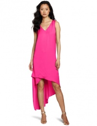 BCBGMAXAZRIA Women's Avery V-Neck Dress With Asymmetrical Hem, Neon Pink, Large