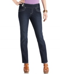 Get a fresh denim look this season: try Style&co.'s unique ankle-length jeans, featuring a tab-front closure and the darkest blue wash!