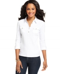 Karen Scott jazzes up a classic polo with ribbing and metallic accents -- a great petite basic for your wardrobe!