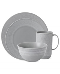 Effortlessly chic, the Simplicity place setting by Vera Wang Wedgwood combines three linear patterns in casual porcelain. A neutral cream and gray palette adorns modern silhouettes to enhance any setting.