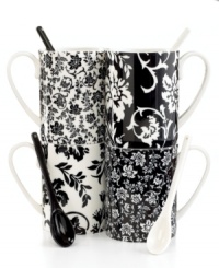 Elegance is easy with Geneva mugs. Assorted black and white florals with an antique feel revive modern tables in dishwasher-safe porcelain from Martha Stewart Collection. With coordinating spoons.