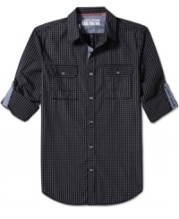 DKNY Jeans sews this mini-check sports shirt with straight-lined simplicity, then softens those edges just a bit by adding details like an inner placket and sleeve tabs made from a contrast fabric.