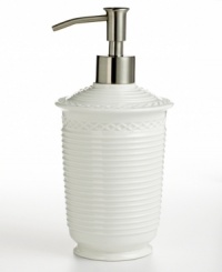 The Trousseau soap and lotion dispenser creates a sense of freshness and purity in your bathroom with an all-white, textured look.