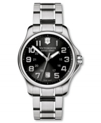 A watch fit for a gentlemen, this Victorinox Swiss Army Officer's watch features a stainless steel bracelet and round case. Black dial with silvertone numerals, logo and date window. Swiss made. Swiss movement. Water resistant to 100 meters. Three-year limited warranty.