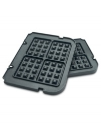 Nonstick waffle plates bring even more versatility to your griddler. Easily snapping onto the griddler, these nonstick plates bake 4 deep-pocketed Belgian waffles at once and wipe clean for a quick, delicious mess-free treat. 3-year limited warranty. Model GR-WAFP.