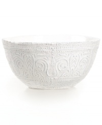 Get a feel for French style with the delicately embossed Blanc Colette cereal bowl from Versailles Maison. Romantic scrolling vines encircle rustic earthenware with a simple white glaze and irresistible charm.