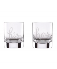 A perfect pair, kate spade new york's Two of a Kind double old-fashioned glasses are elegantly etched for the happy couple with his and hers in luminous glass. Cute for newlyweds, fun for your valentine.