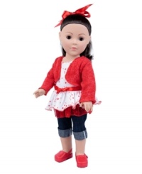 This Madame Alexander doll has the look of love, and she's sure to love the dark-haired dollie outfitted with a rosy red cardigan along with a matching shirt, sash; shoes and hair tie.